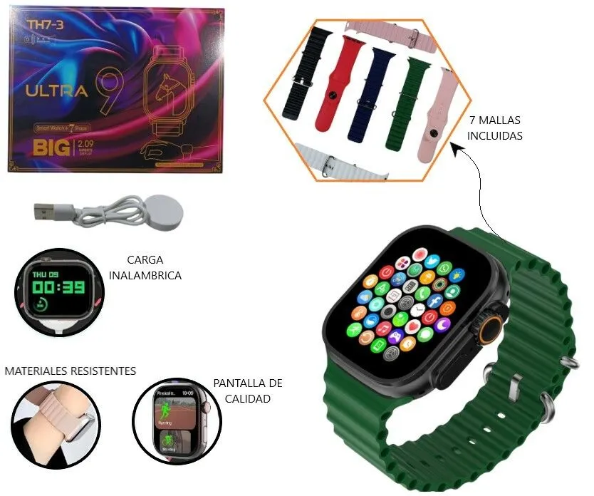 Portada de TH-8 RELOJ SMART ULTRA 9 BIG C/7 MALLAS